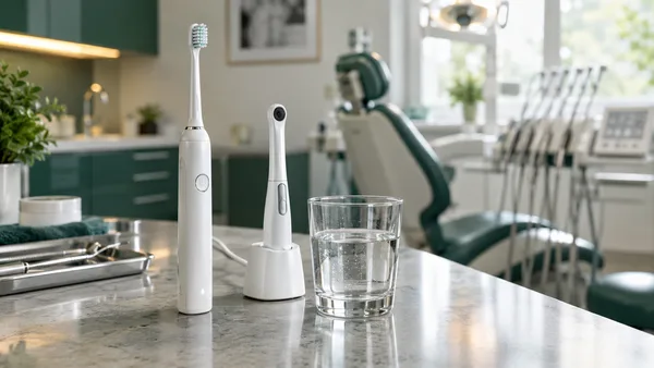 Escova elétrica genérica e câmera intraoral sobre bancada de consultório. Imagem ilustrativa, não representa o produto Dyson.