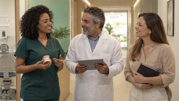 Três profissionais em uma clínica, com modelo odontológico, tablet e caderno.