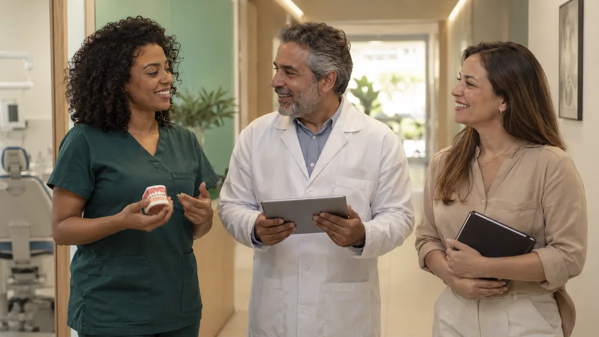 Três profissionais em uma clínica, com modelo odontológico, tablet e caderno.