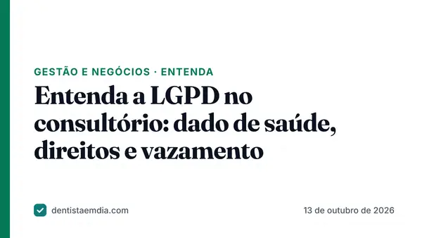 Capa com faixa verde da editoria Gestão e negócios, manchete sobre a LGPD no consultório odontológico e a marca Dentista em Dia