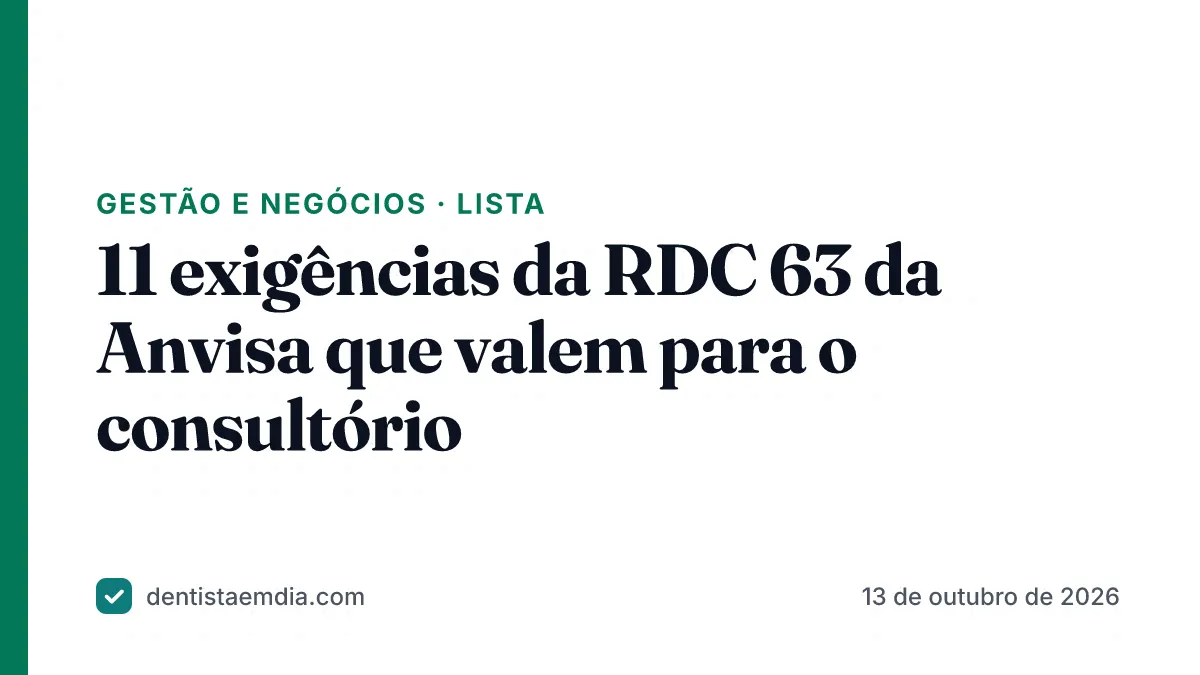 Capa com faixa verde da editoria Gestão e negócios, manchete sobre 11 exigências da RDC 63 da Anvisa para o consultório e a marca Dentista em Dia